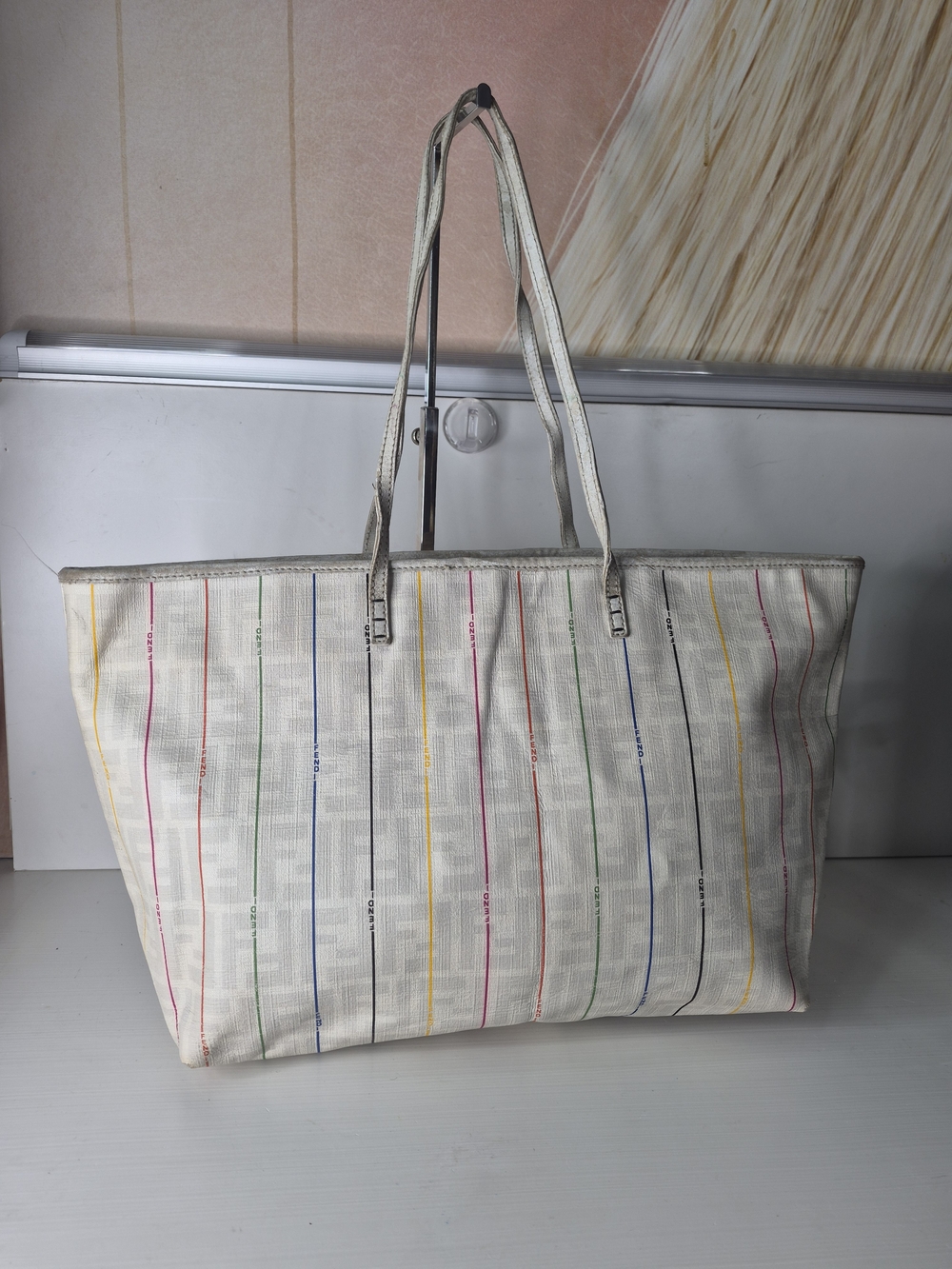 Fendi White Tote with Multicolor Vertical Stripes